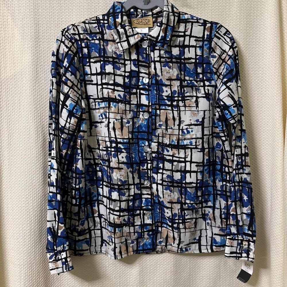 24K Trends Blue White Abstract Print Button Up Blouse Vintage 4P